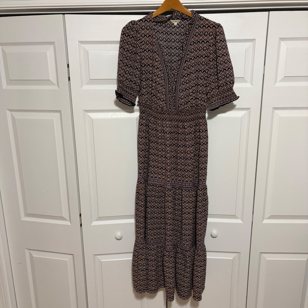 Max Studio London Maxi Dress Womens L Blue Tan Geometric Boho Fall Cottage Core